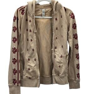 Lucky Brand Y2K Embroidered Full Zip Hoodies z 8 tan red Pockets Boho Casual